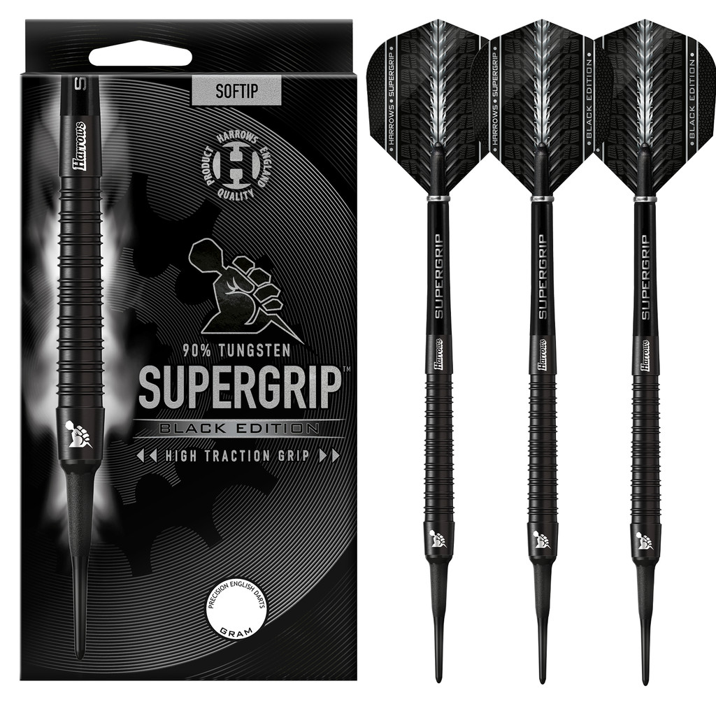 Fléchettes-Harrows-Supergrip-Black-Edition-90%-Tungstène-pointe-nylon-18g